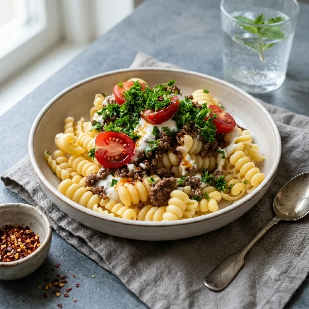 Turkisk pasta med vitlökssås & chilismör